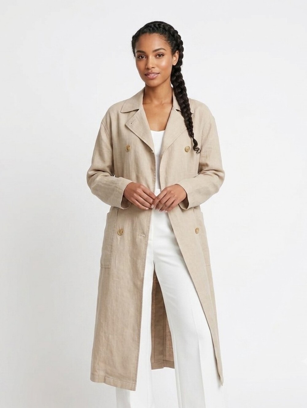 Avec Les Filles Linen Double Breasted Trench Beige Long Coat - Small - New -Flaw